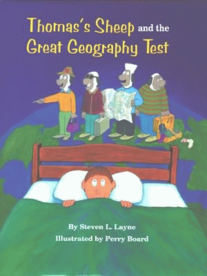 Cover of Thomas's Sheep and the Great Geography Test featuring four children against a purple background.