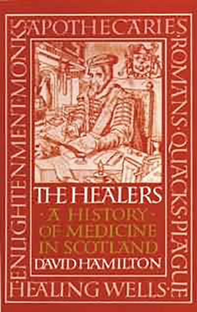 Red book cover for The Healers by David Hamilton featuring a medical illustration