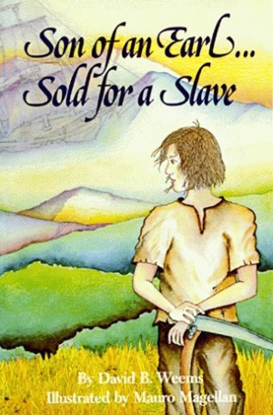 Vintage book cover Son of an Earl Sold for a Slave showing a young man with a sword against a countryside landscape.