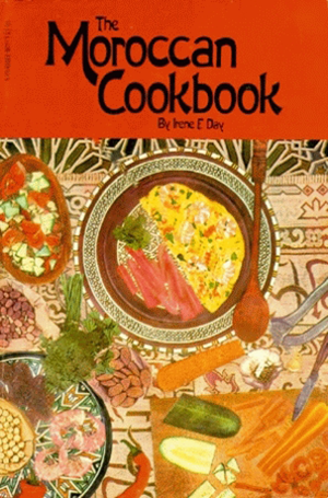 The Moroccan Cookbook book cover with an orange header and colorful Moroccan food illustration.