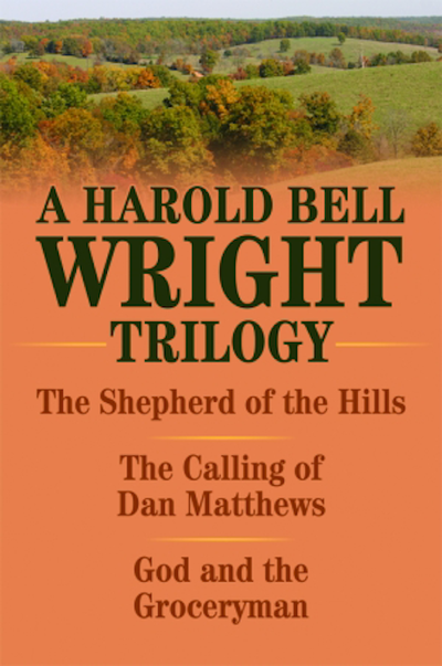 Book cover for A Harold Bell Wright Trilogy with bold green title over a countryside landscape
