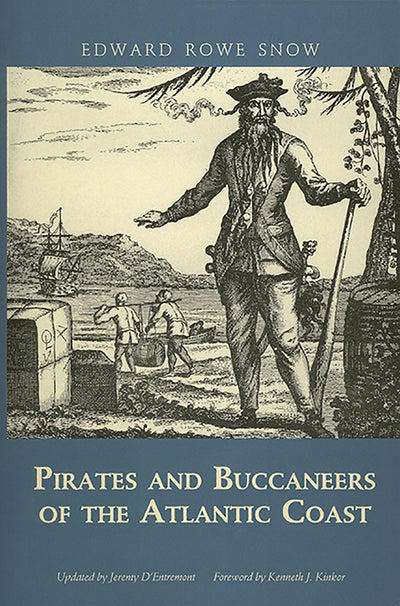 Book cover featuring a tall bearded pirate with a staff by the shoreline and ships in the background