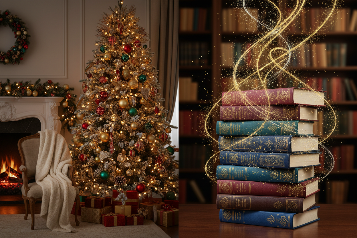 A stack of books on the right with sparkles all around and a holiday scene on the left